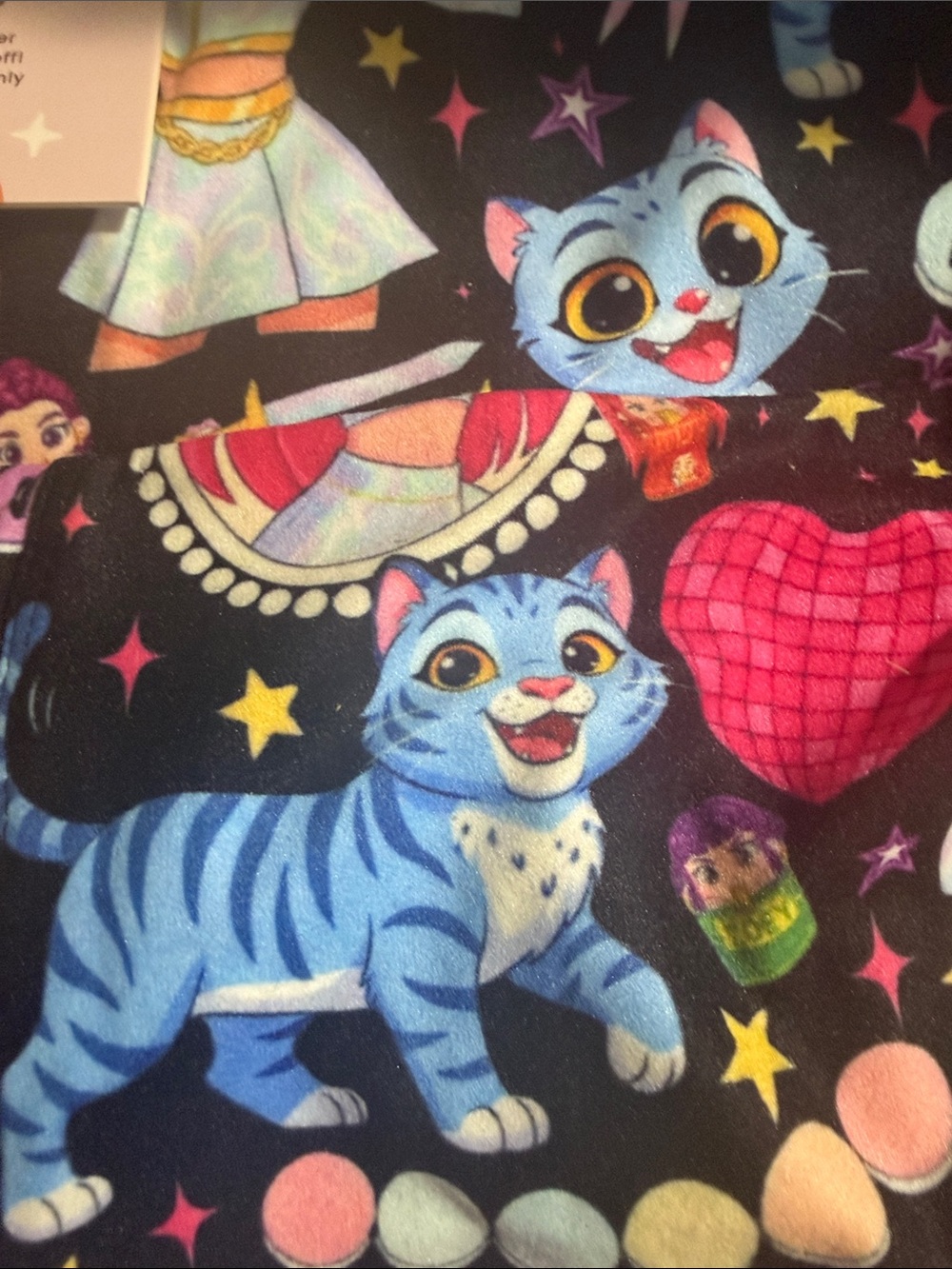 Girls' Black Leggings with Blue Cartoon Cat Print